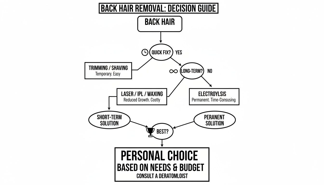Decision guide flowchart outlining various back hair removal methods and their characteristics.