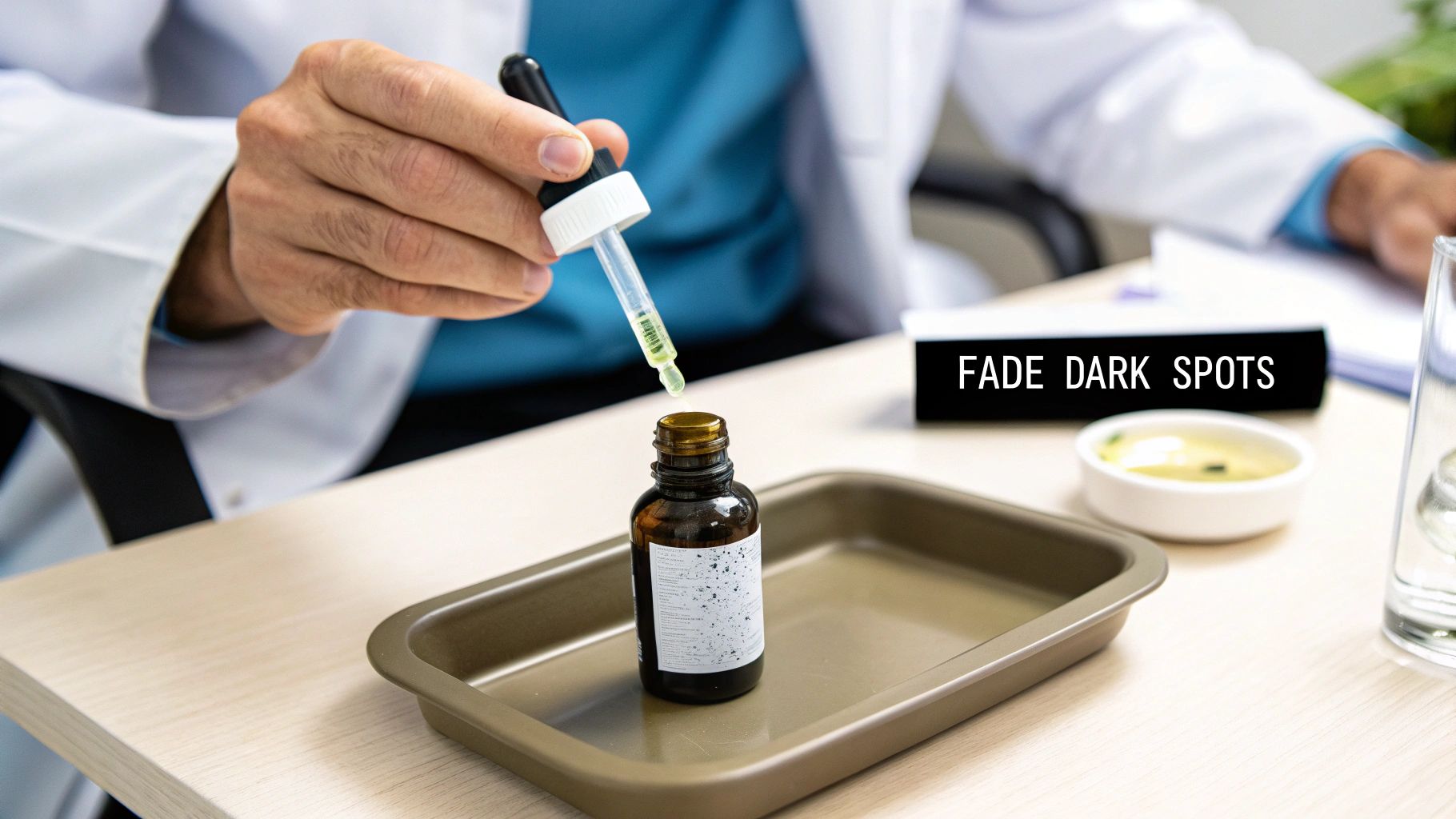 A person in a lab coat uses a dropper to dispense a yellow liquid into a brown bottle, with a sign reading 'FADE DARK SPOTS'.