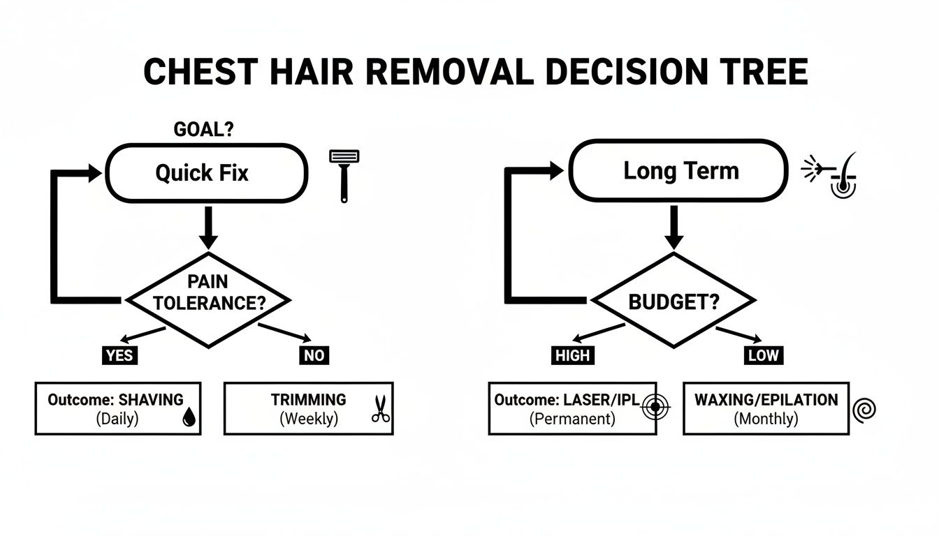 Decision tree flowchart showing chest hair removal methods for quick fix and long-term goals.