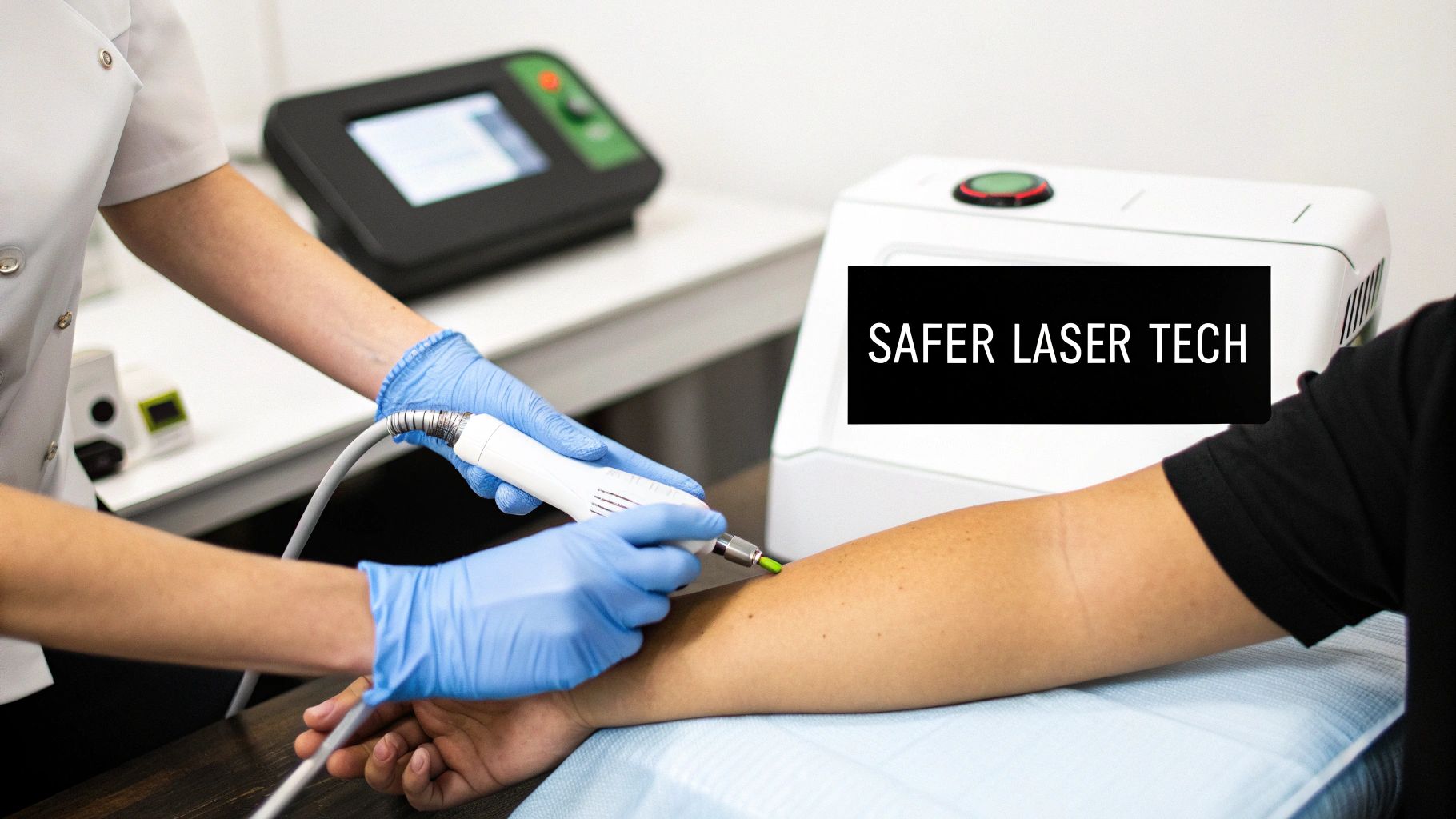 A medical professional in blue gloves performs a laser treatment on a patient's arm.