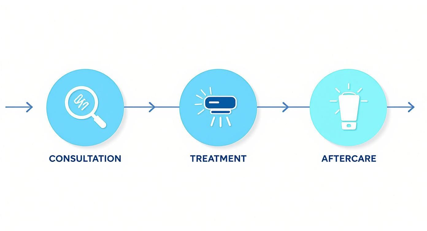 A three-step process for laser hair removal: consultation, treatment, and aftercare, shown with icons.