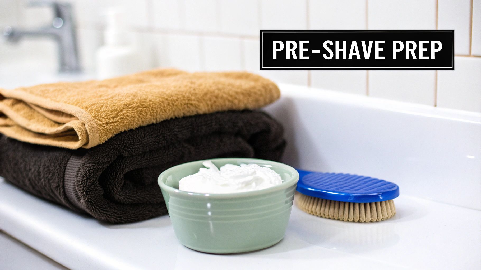 Pre-shave prep items: folded towels, shaving cream, and brush on a clean bathroom counter.