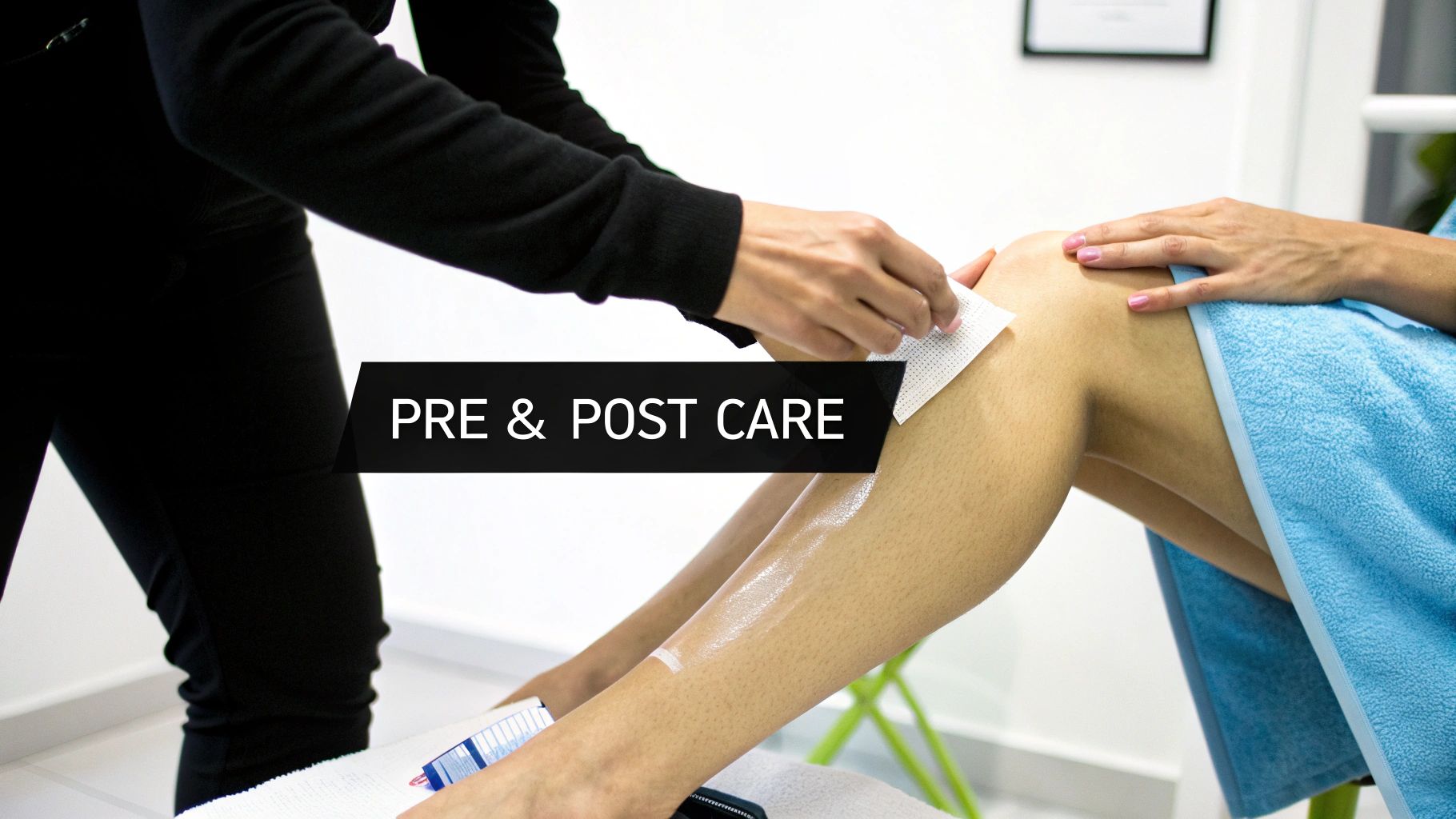 A beautician applies a waxing strip to a client's leg during a hair removal session, with 'PRE &amp; POST CARE' text overlay.