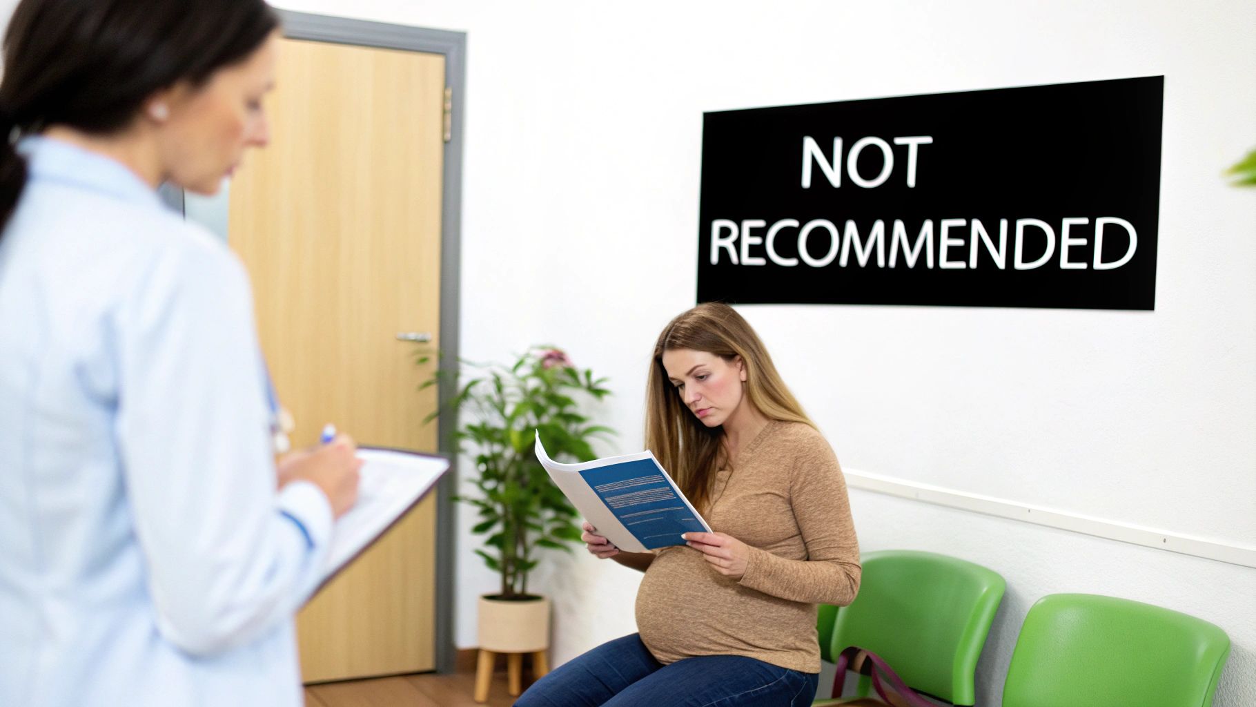 A pregnant woman reads a document in a waiting room while a doctor writes on a clipboard.