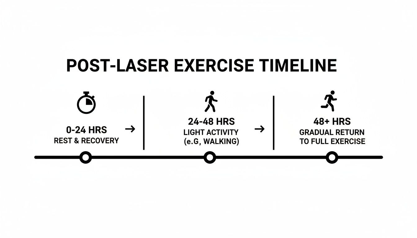 A post-laser exercise timeline illustrating recovery stages: rest, light activity, and gradual return to full exercise.