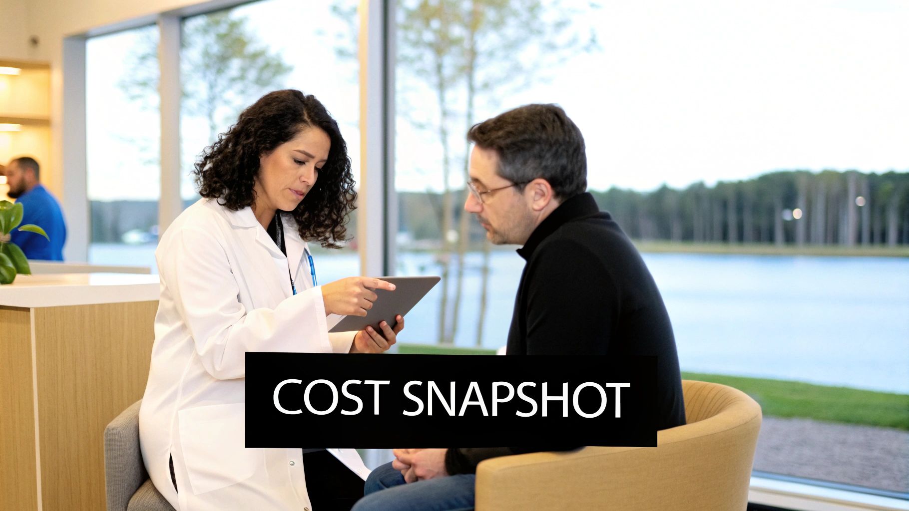 A doctor in a white coat shows a tablet to a patient during a medical consultation.