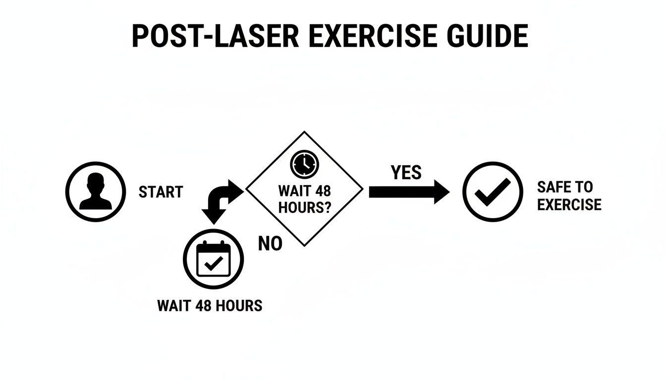 Flowchart guiding safe exercise after laser treatment, emphasizing a 48-hour waiting period.