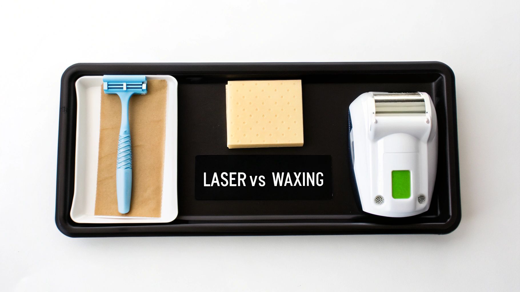 A flat lay comparing hair removal methods: a razor, waxing block, and an at-home laser device on a black tray.