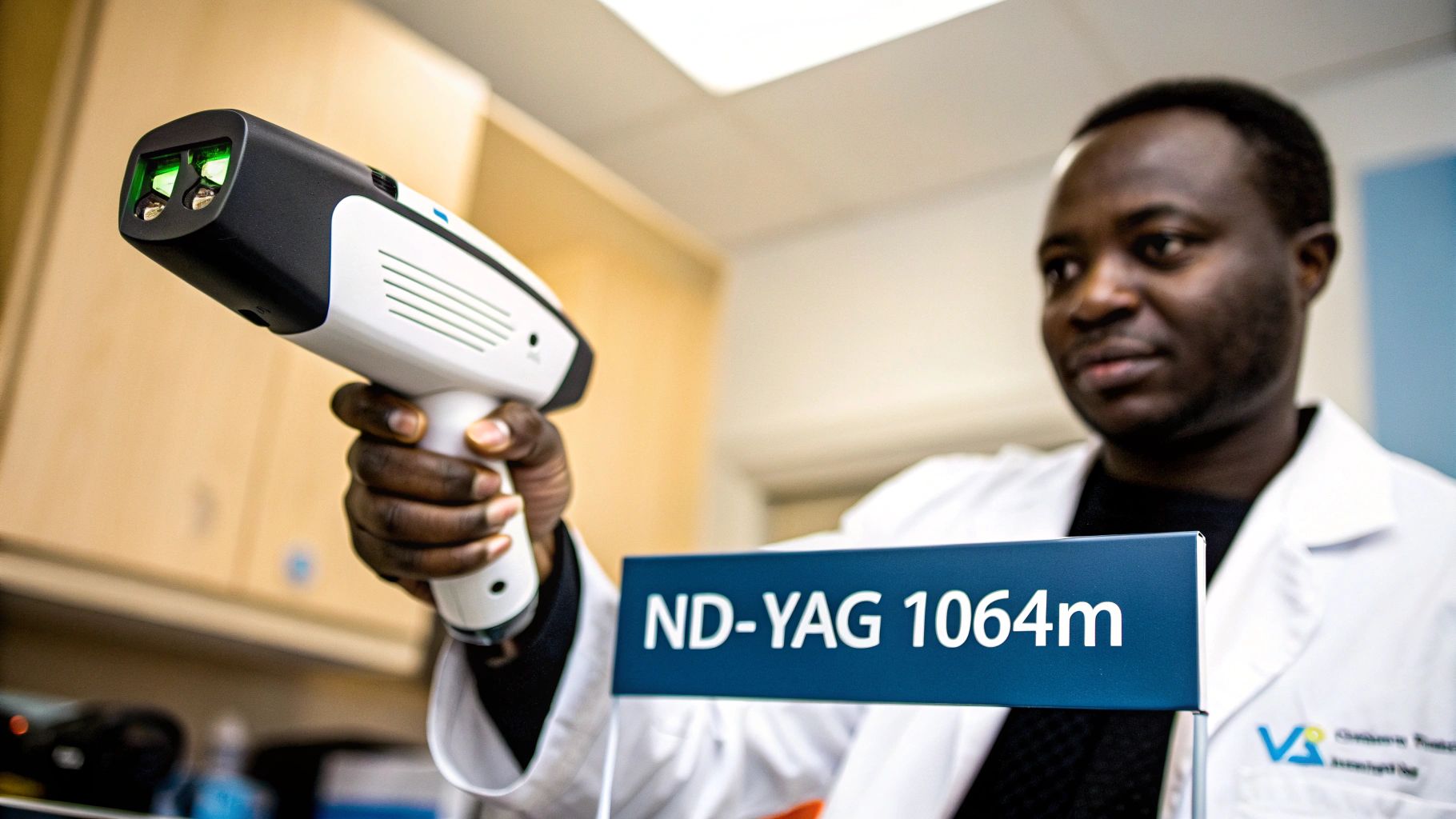 A man in a lab coat holds a medical laser device, focusing on a sign reading 'ND-YAG 1064m'.