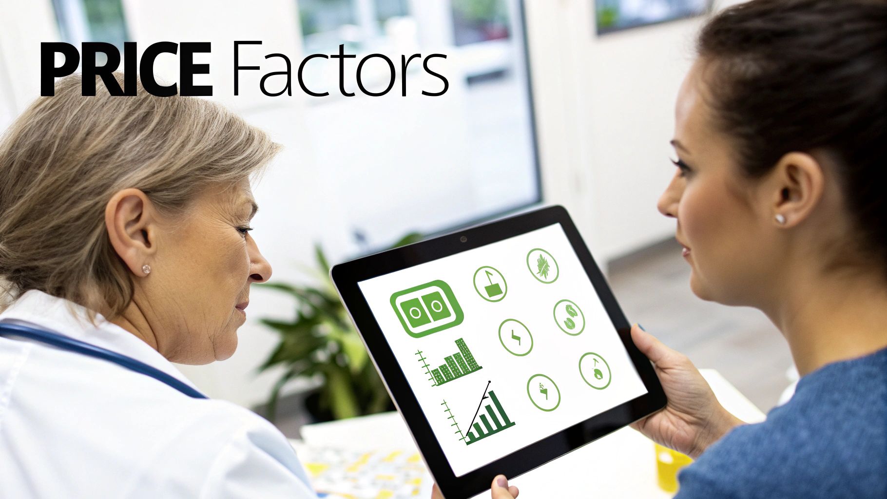 A doctor and patient review price factors on a tablet with green data icons during a consultation.
