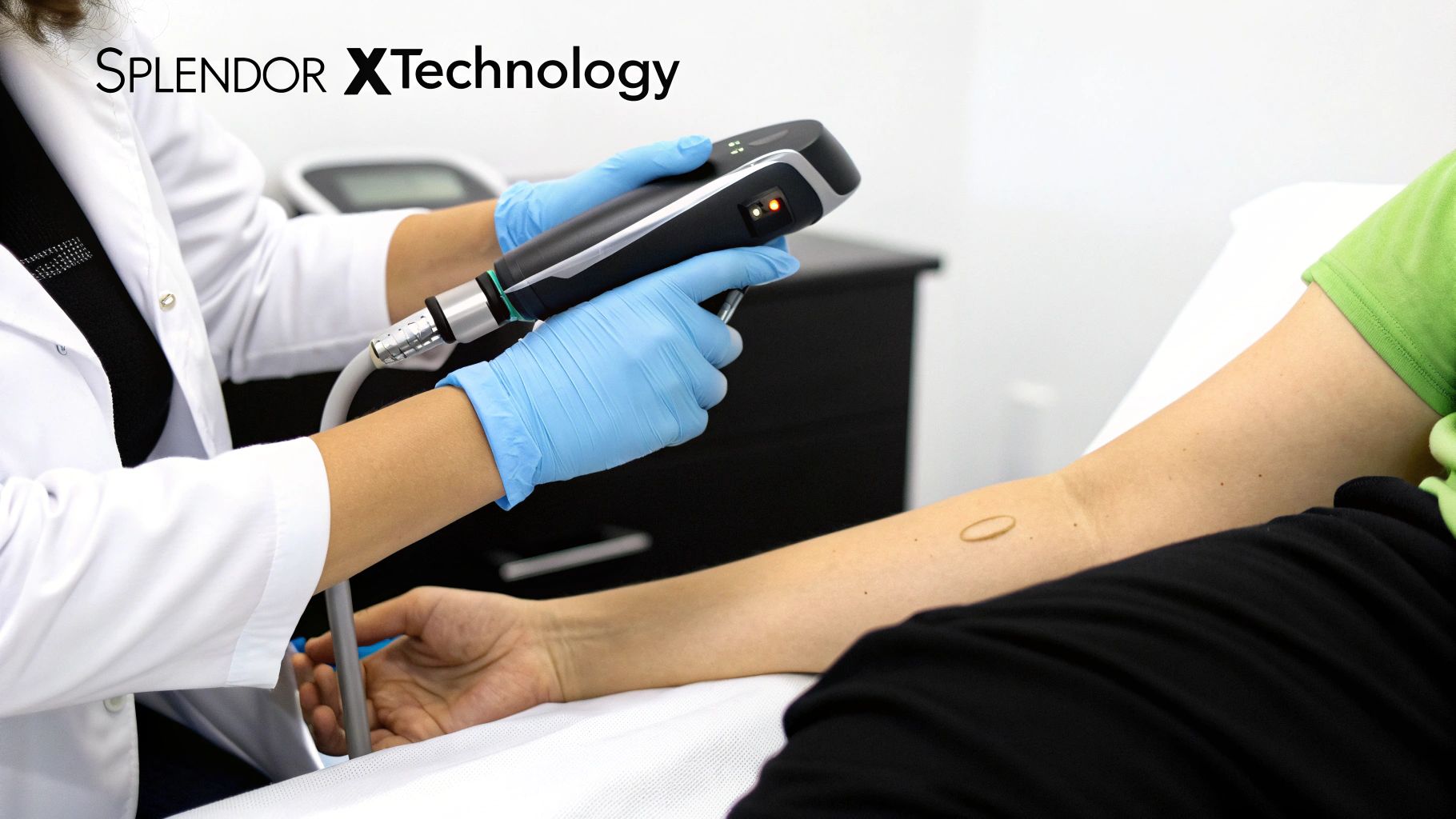 Skincare professional in blue gloves uses a SPLENDOR XTechnology laser device on a patient's arm.