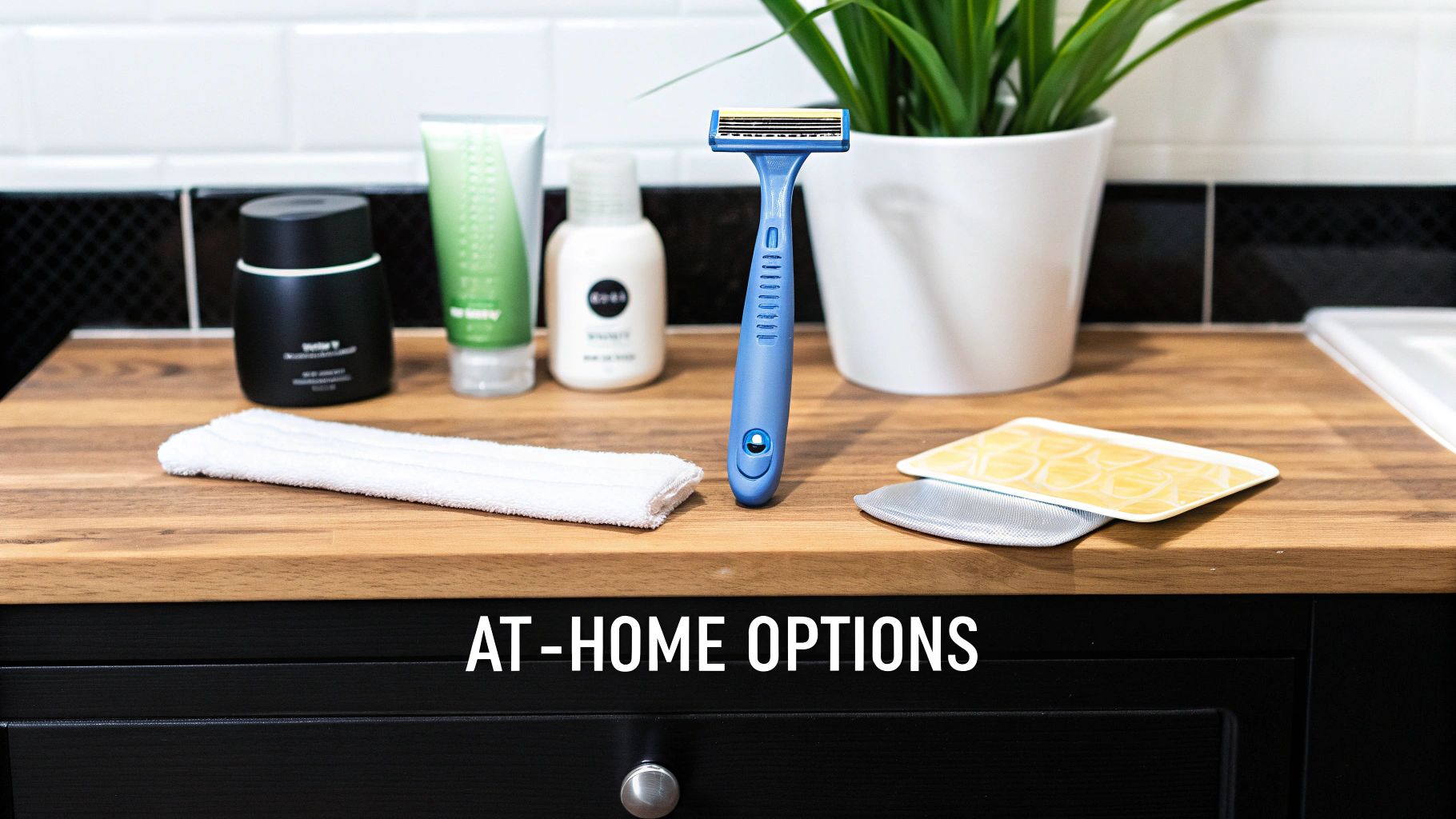 Various at-home hair removal and grooming products displayed on a wooden bathroom counter.