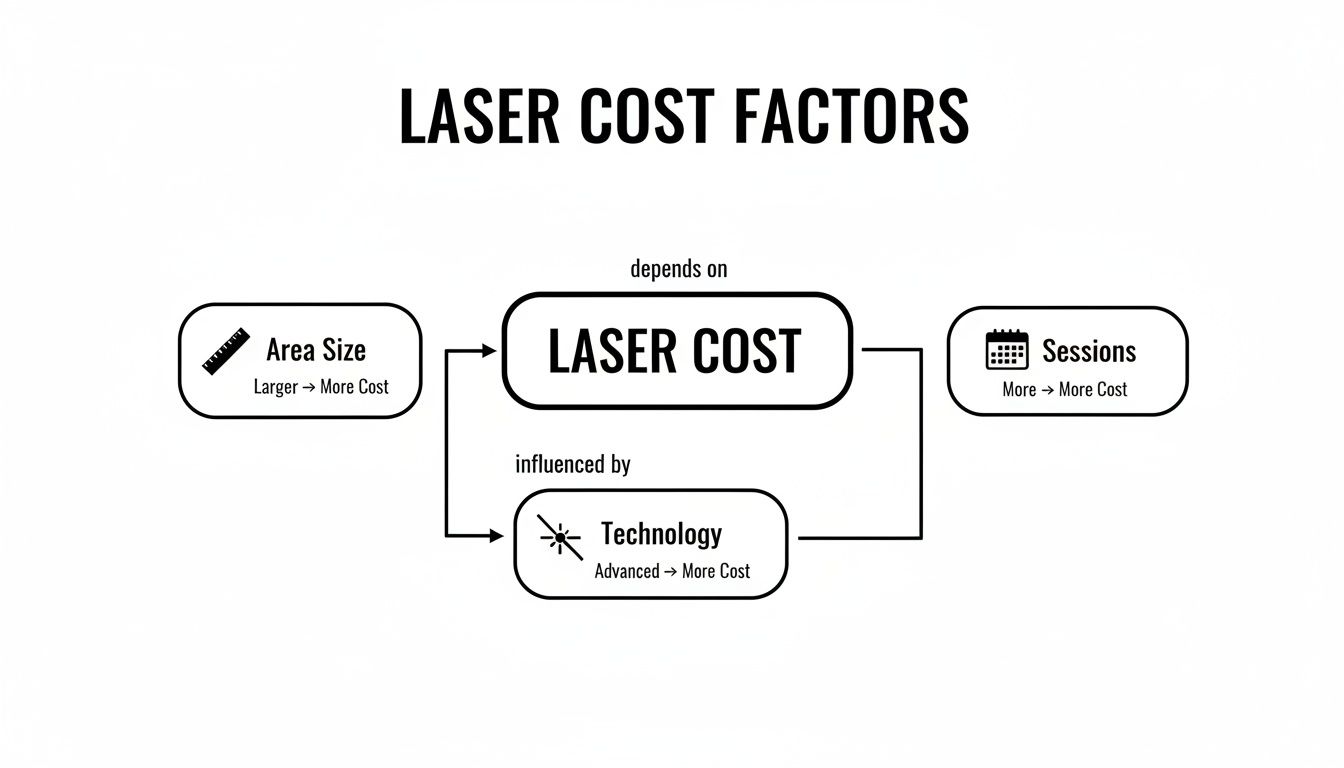 Flowchart illustrating laser cost factors: area size, number of sessions, and technology influencing the total cost.
