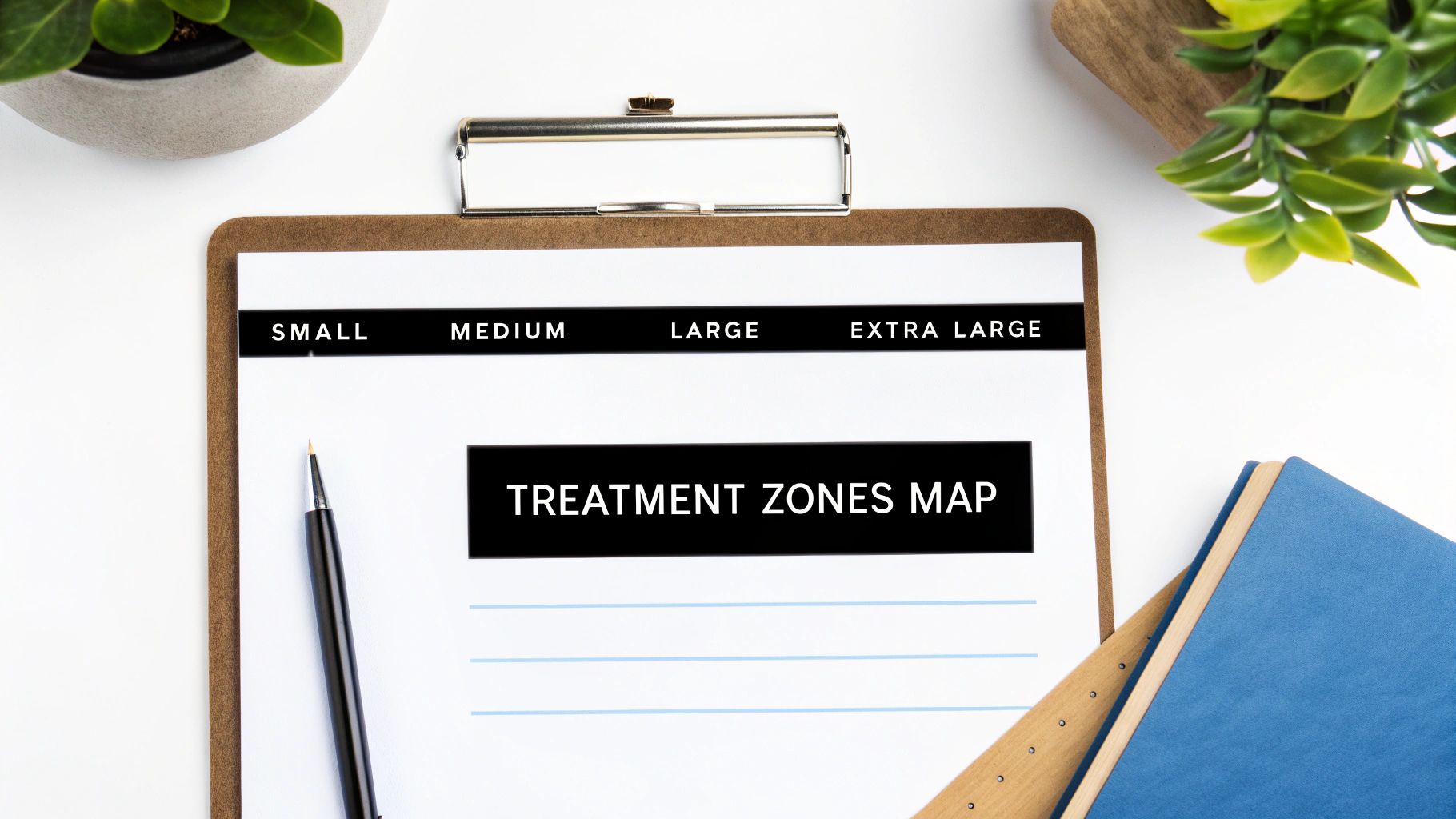 A document on a clipboard titled 'TREATMENT ZONES MAP' with size options displayed.