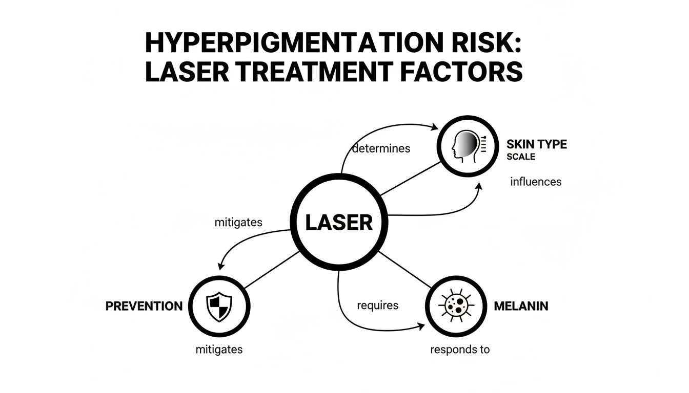 Diagram illustrating hyperpigmentation risk factors related to laser treatment, skin type, melanin, and prevention.