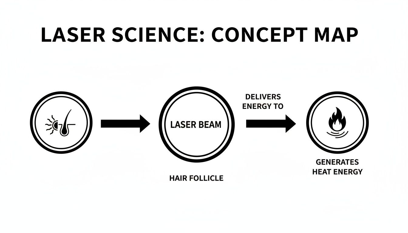 Concept map illustrating how a laser beam targets a hair follicle to generate heat energy.