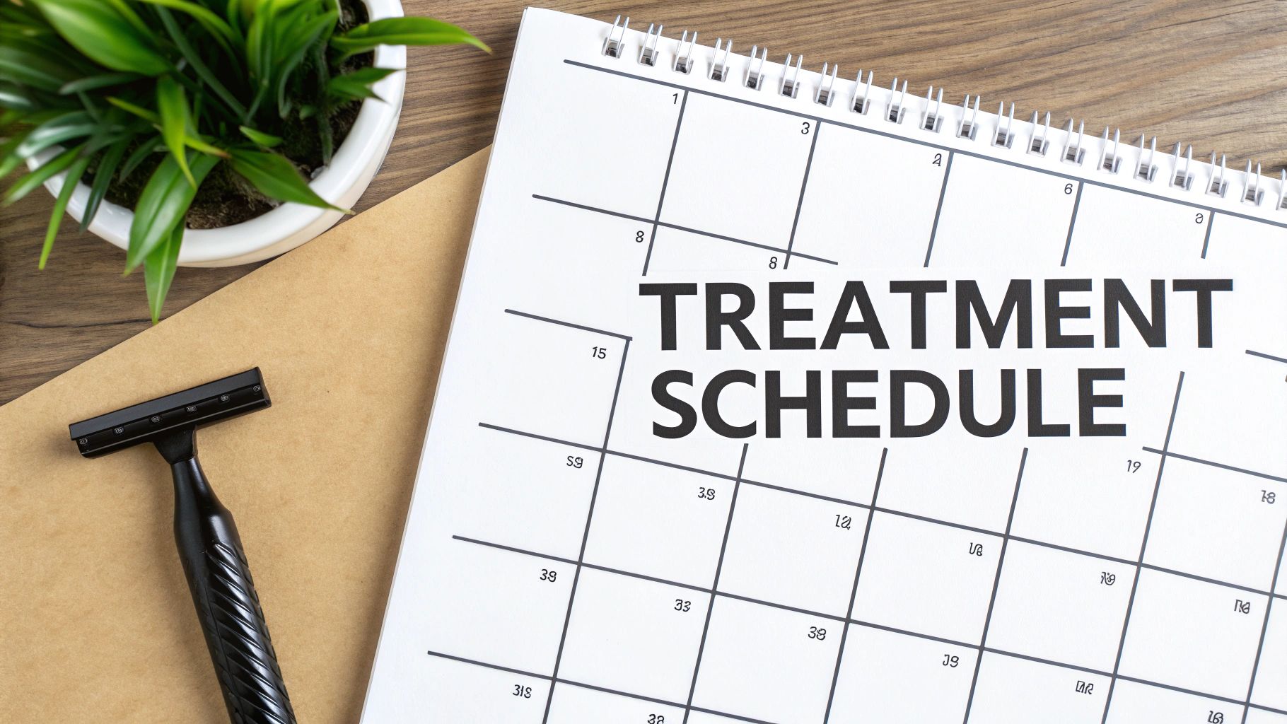 A calendar displaying 'TREATMENT SCHEDULE' next to a black razor and a green plant.