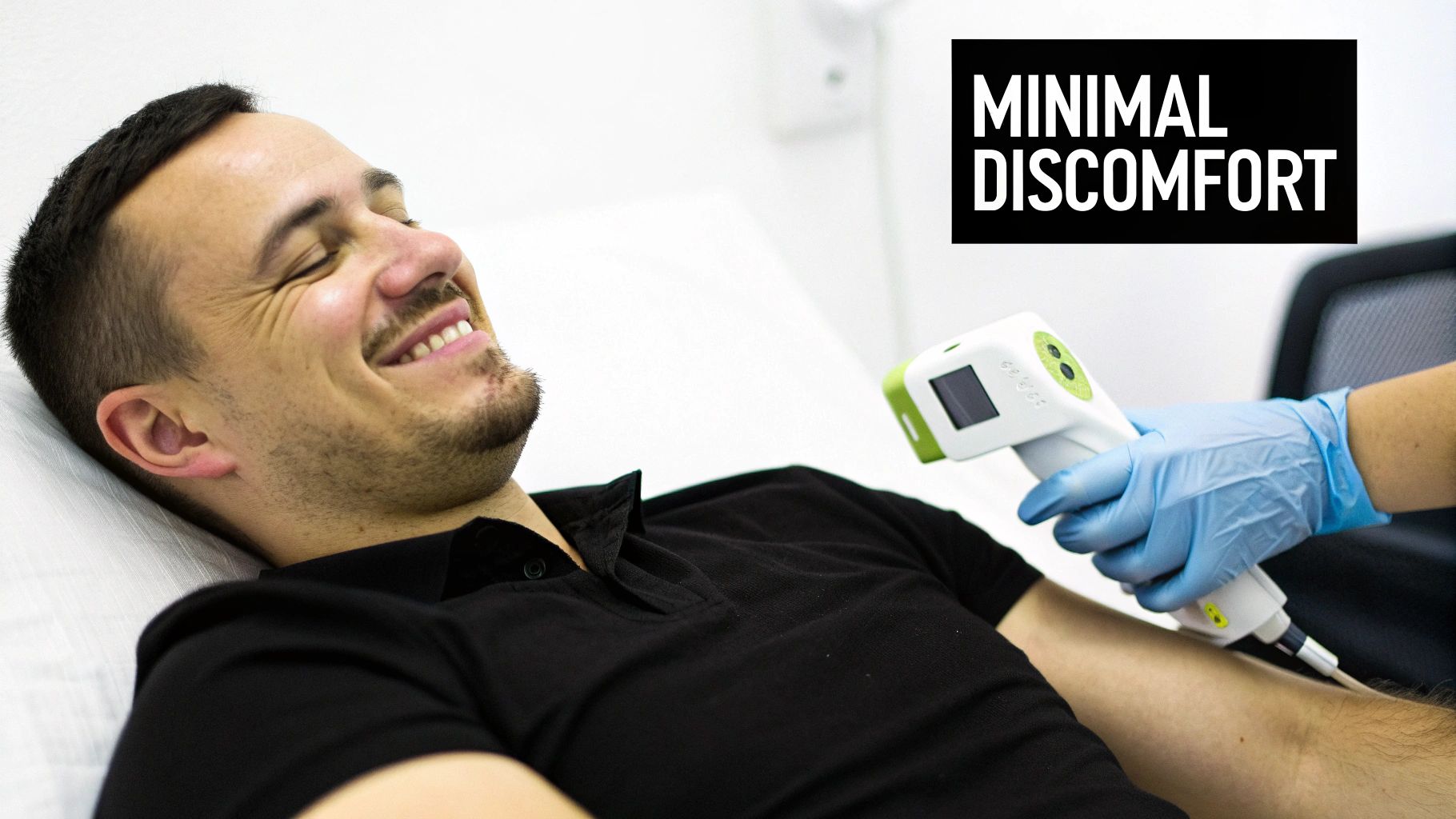 A smiling man receiving a laser hair removal treatment on his arm, suggesting minimal discomfort.