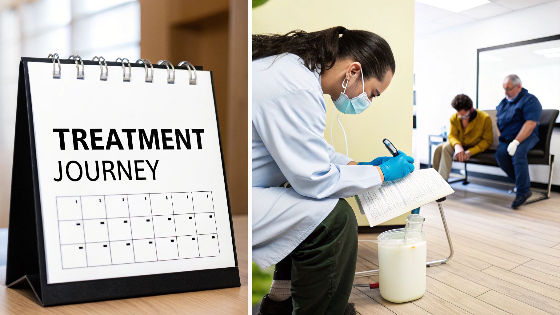 A calendar displaying 'TREATMENT JOURNEY' next to a healthcare worker and patients in a clinic.