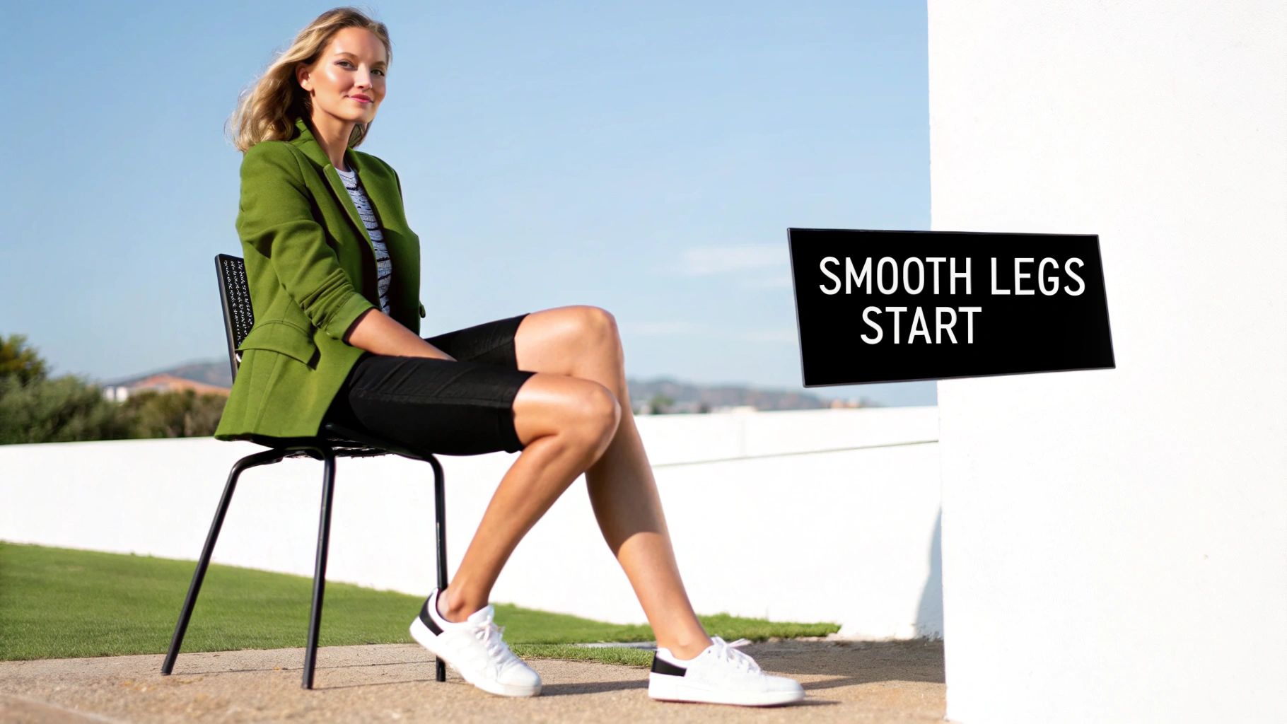 A stylish woman in a green blazer and shorts sits outdoors, highlighting smooth legs.
