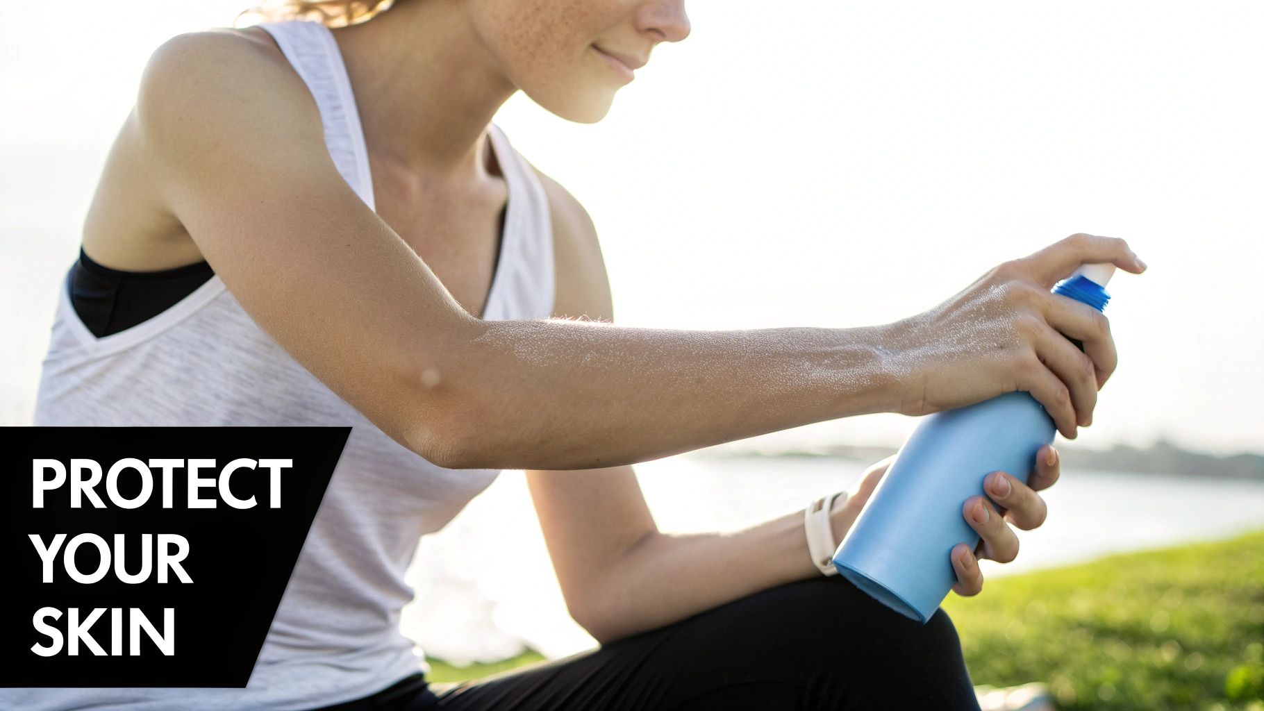 Smiling woman applying sunscreen spray to her arm outdoors, protecting her skin from the sun.