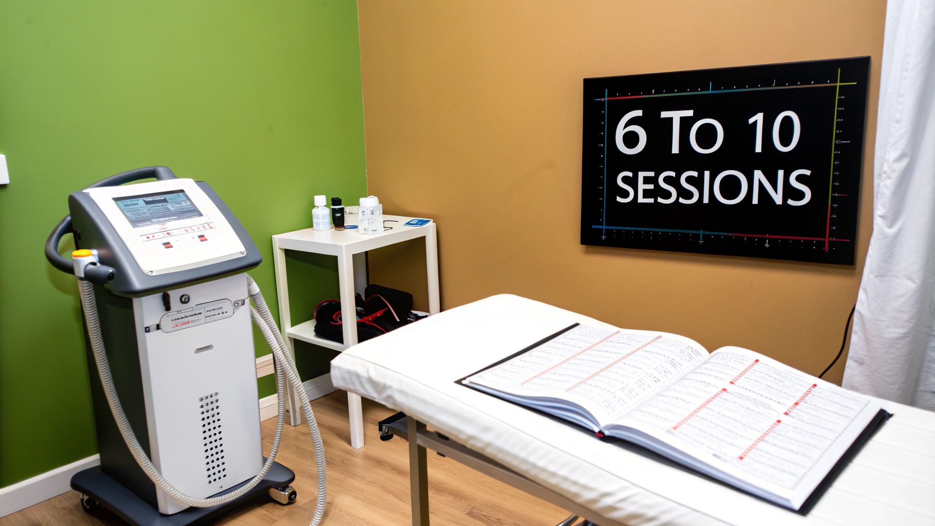 A clean therapy room with a modern medical device, treatment table, and a sign indicating "6 TO 10 SESSIONS".