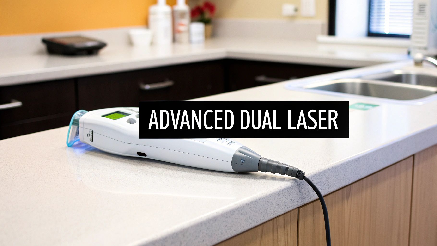 A white handheld advanced dual laser device rests on a clean countertop in a clinic setting.