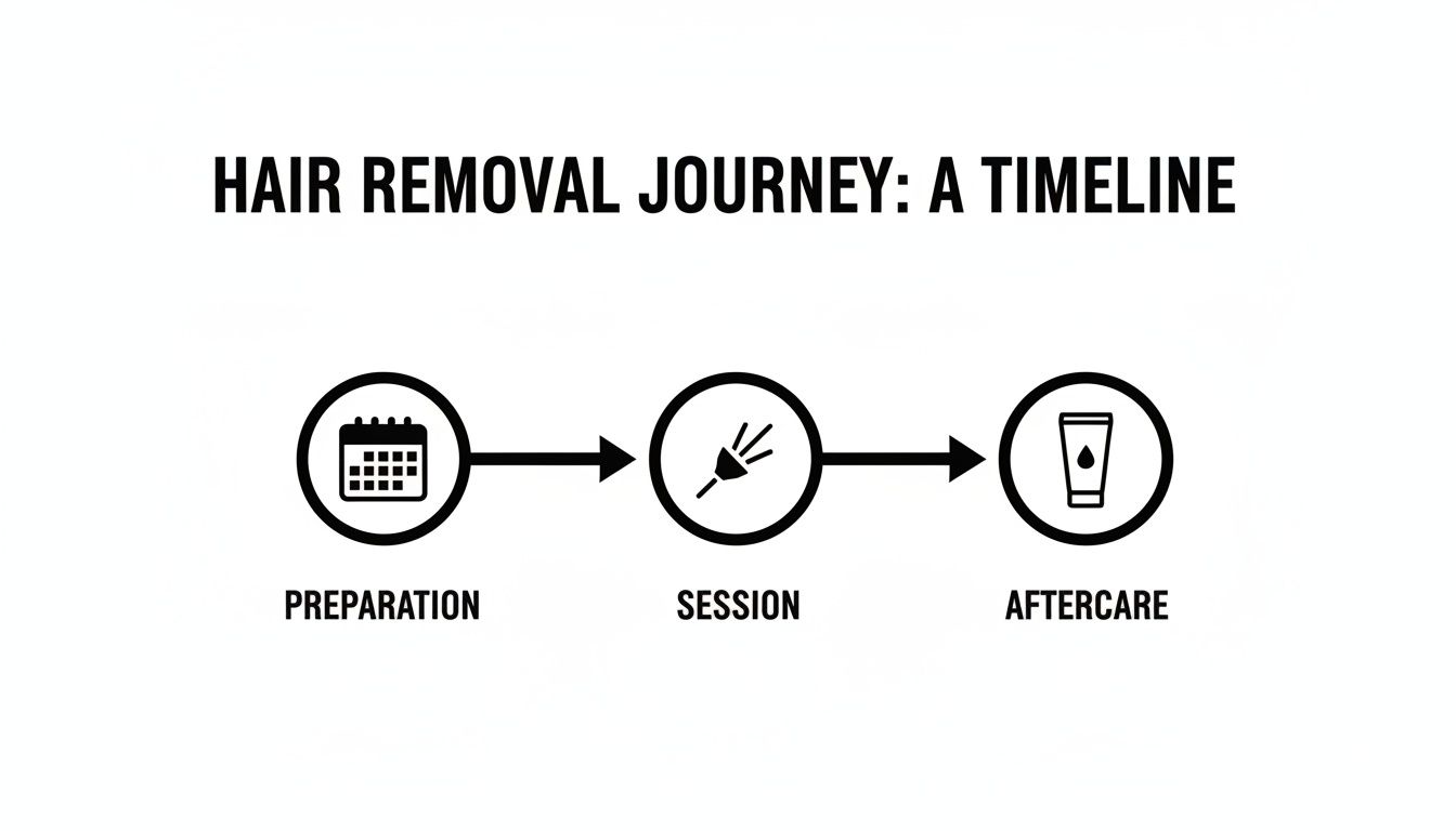 An infographic showing the three-step hair removal journey: preparation, session, and aftercare with icons.