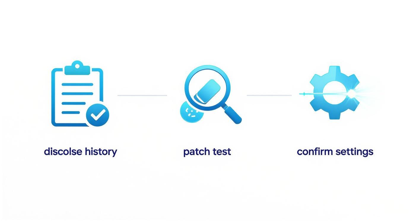 Three steps for procedure preparation: disclose history, patch test, and confirm settings with icons.