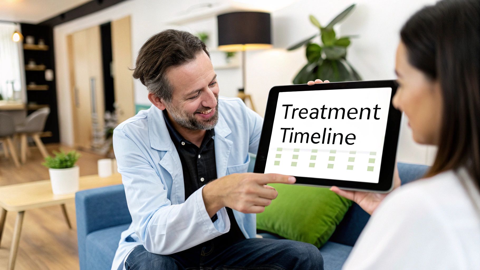 Smiling doctor points to a 'Treatment Timeline' on a tablet for a female patient.