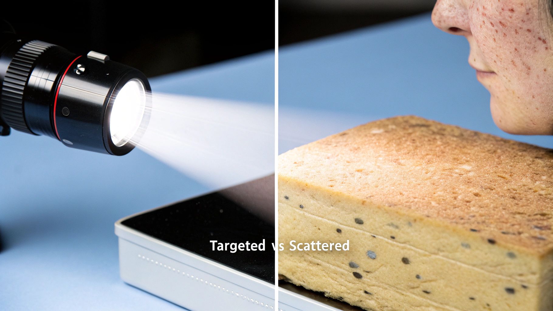 Split image shows a flashlight emitting targeted light versus scattered light on a person's skin and a sponge.