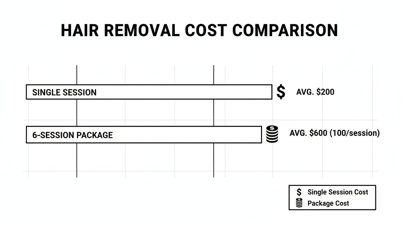 Hair removal cost comparison chart showing single session vs. 6-session package pricing.