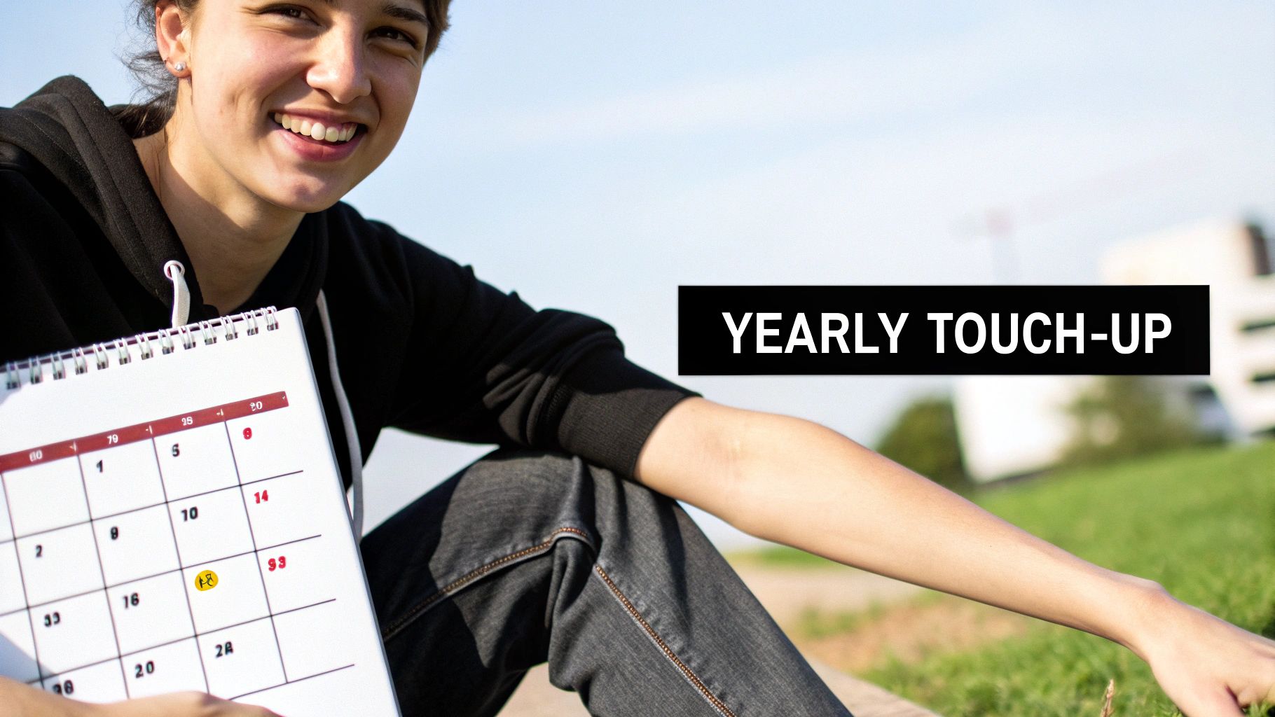 Smiling person holding a calendar with a 'YEARLY TOUCH-UP' reminder.