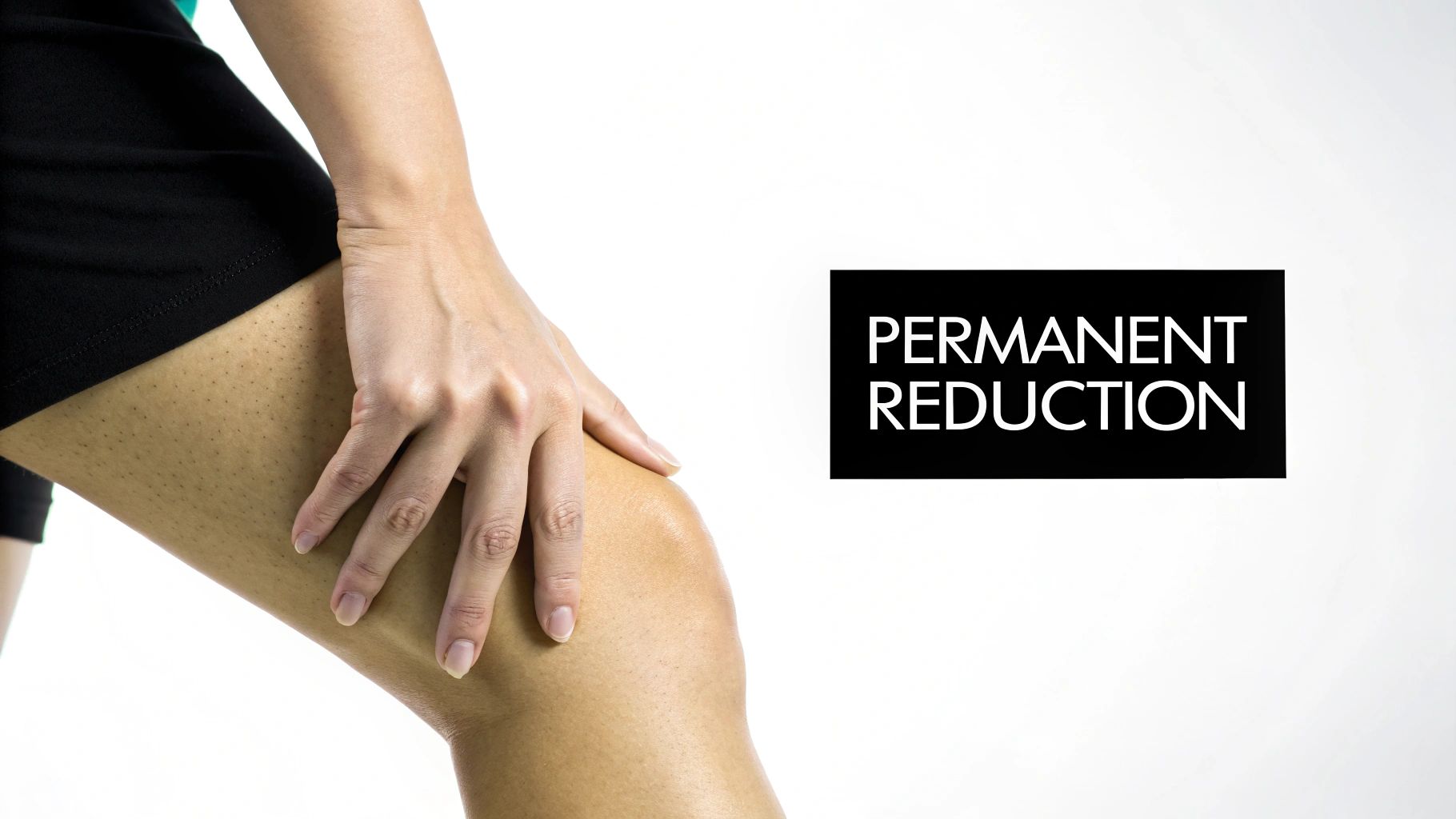 A person's hand rests on their leg with visible stubble, next to a black box with white text 'PERMANENT REDUCTION'.