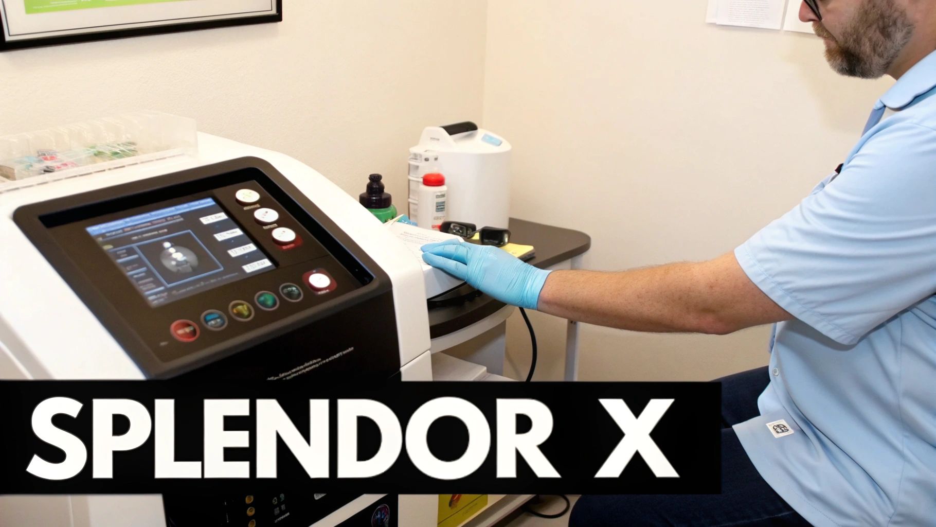 A healthcare professional operates a Splendor X laser device, wearing blue gloves in a clinic.