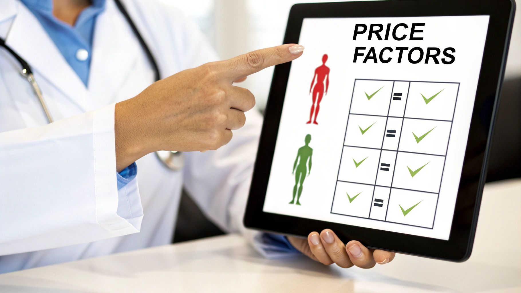 A medical professional points to a tablet displaying 'PRICE FACTORS' with comparative human figures and charts.