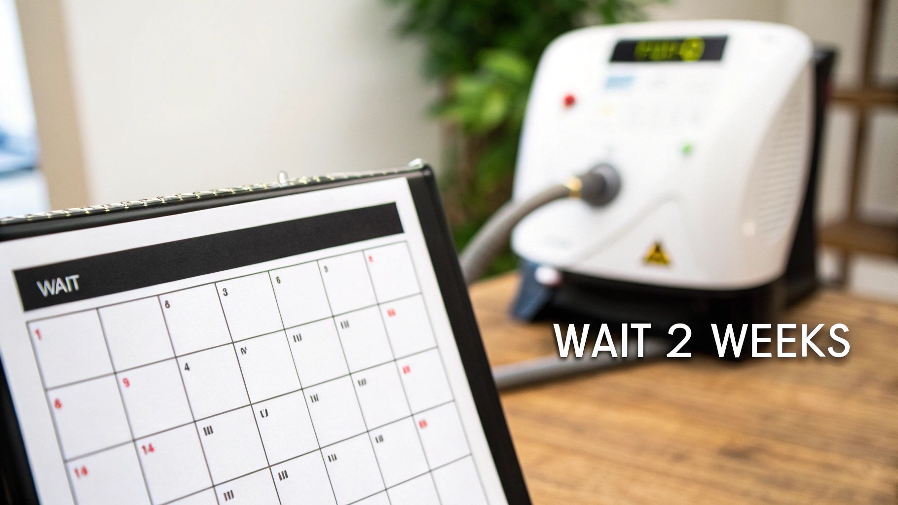 A desk calendar displays 'WAIT' with 'WAIT 2 WEEKS' text, next to a medical laser device.