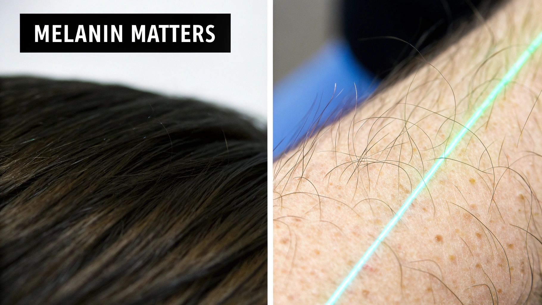 Close-up of dark hair with 'MELANIN MATTERS' text and a laser beam on fair skin.