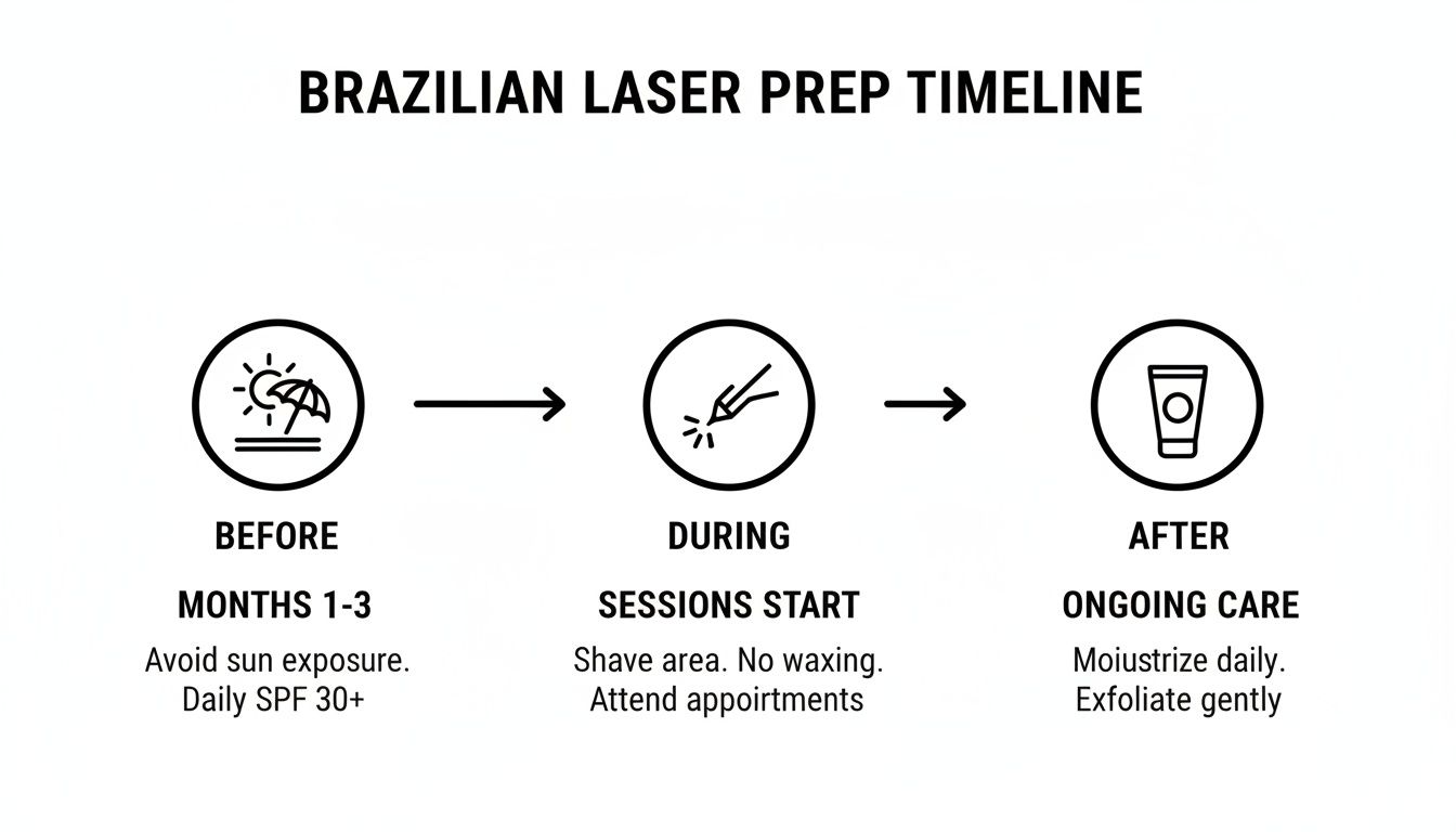 A timeline outlining Brazilian laser hair removal preparation, including before, during, and after care instructions.