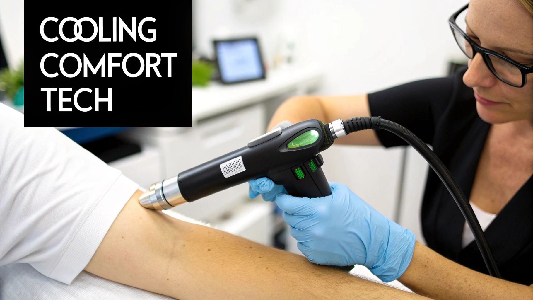 A technician with gloves performs laser treatment on a person's arm using a device with cooling comfort technology.