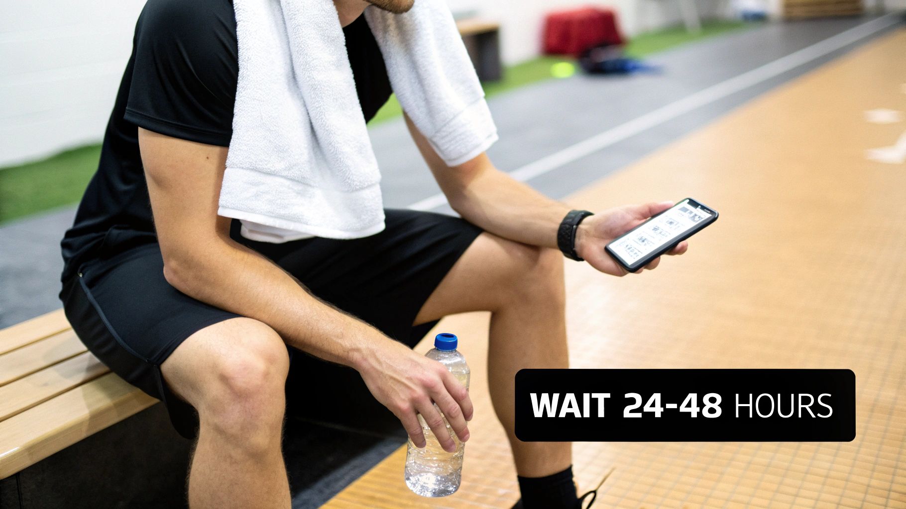 Man in athletic gear resting post-workout on a bench, holding water and smartphone with a towel.