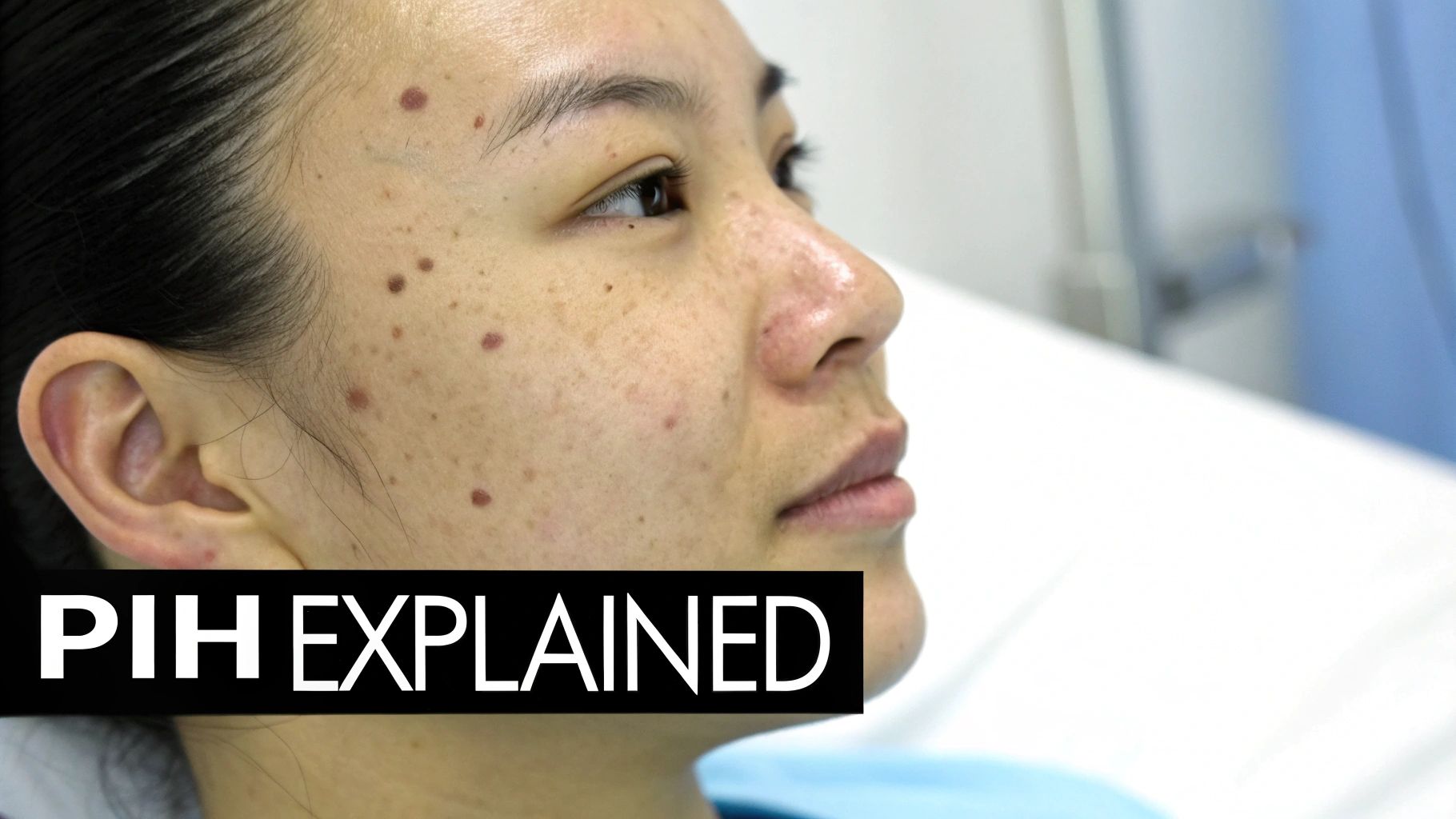 A person's profile showing skin with multiple dark spots, often called hyperpigmentation, in a clinical setting.