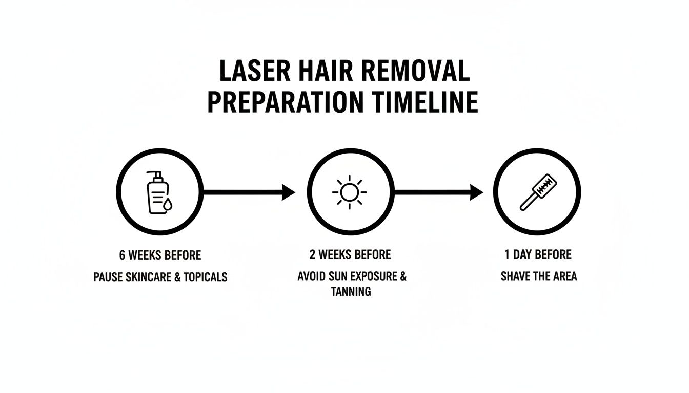 A timeline illustrating the preparation steps for laser hair removal, covering skincare, sun exposure, and shaving.