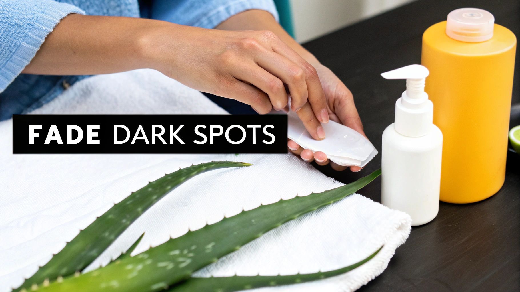 Hands holding fresh aloe vera gel for natural skincare, surrounded by leaves and beauty products.