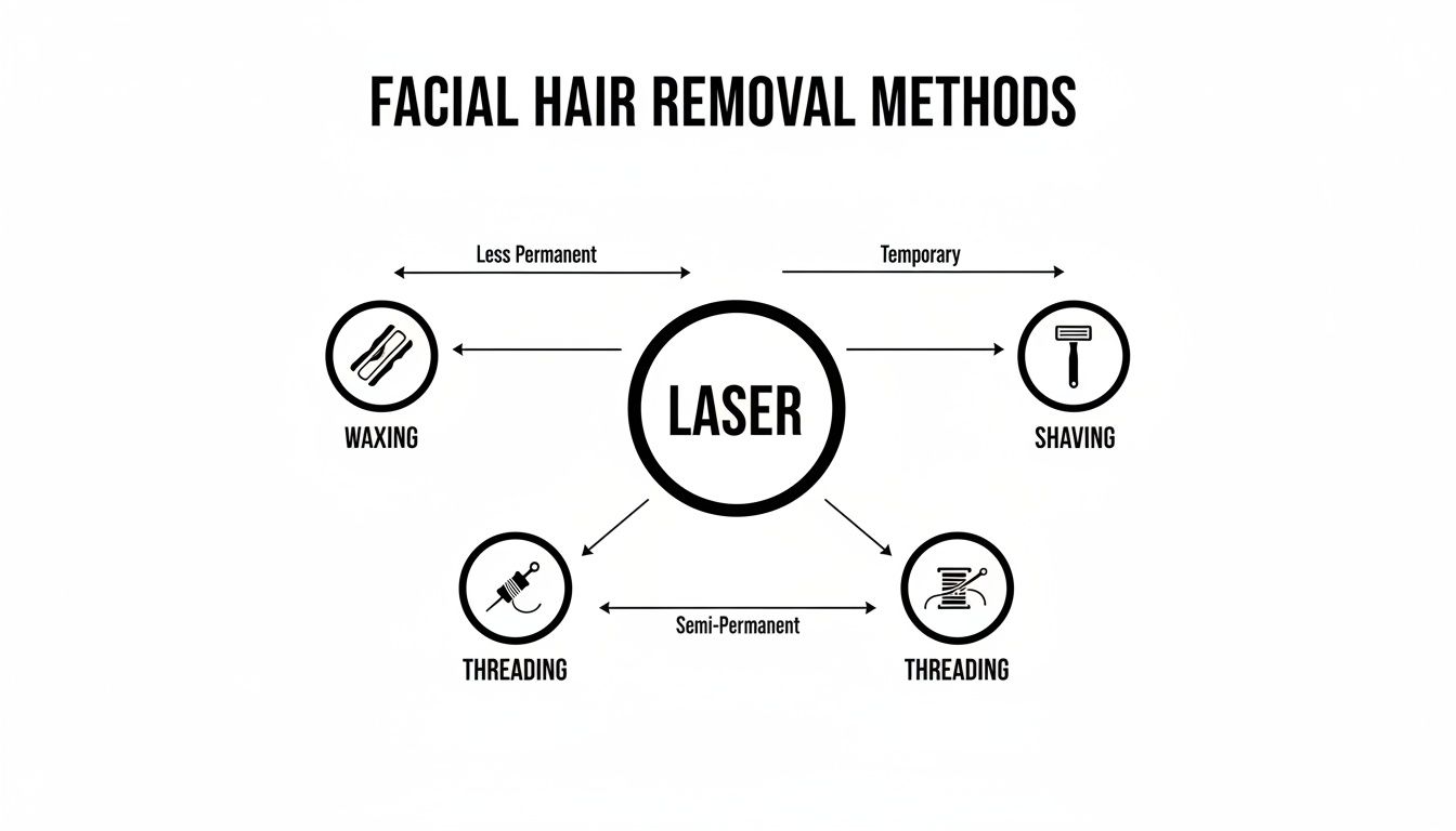 Infographic detailing facial hair removal methods like laser, waxing, shaving, and threading, with their permanence levels.