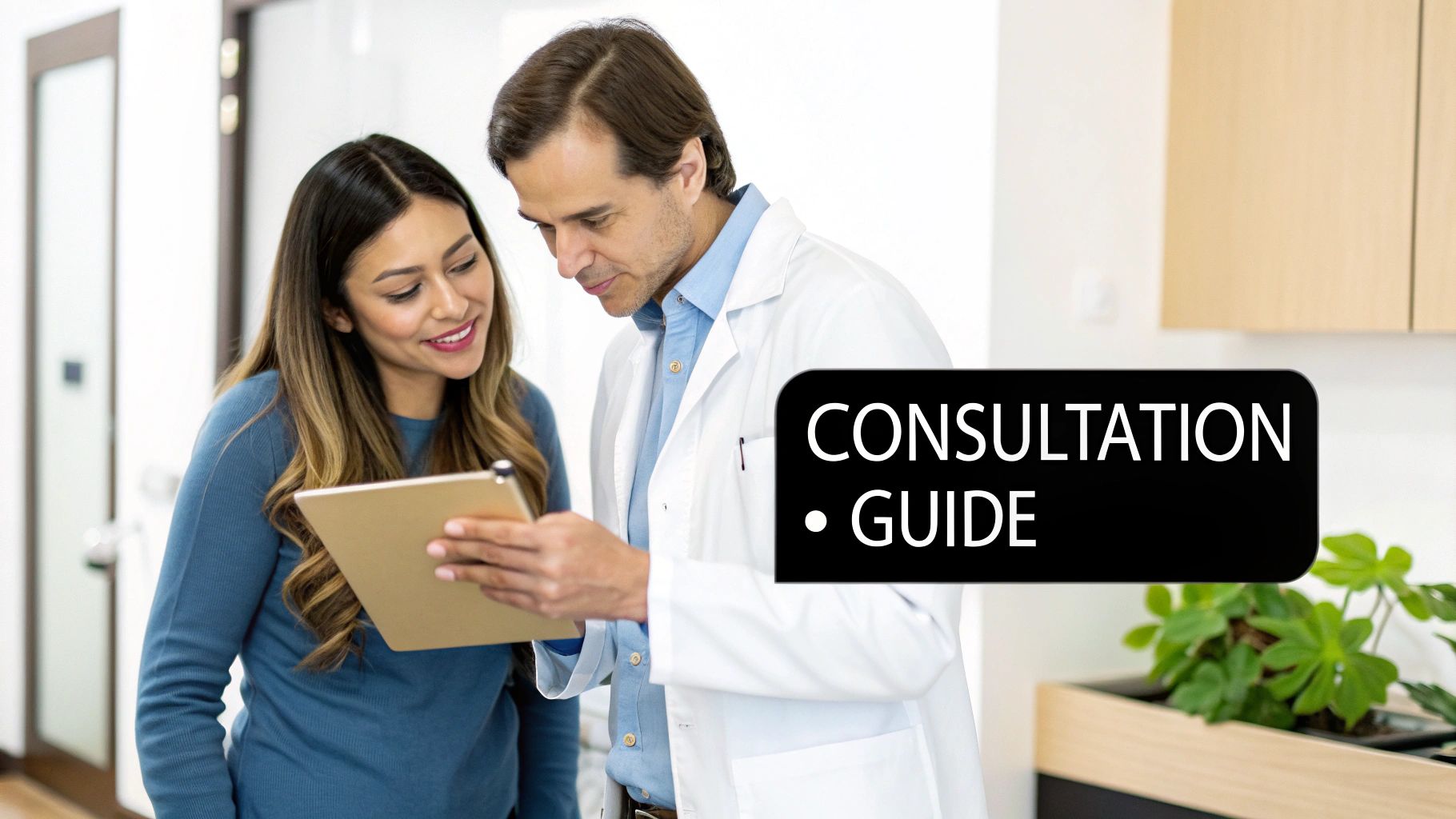 A doctor and a female patient reviewing information on a tablet, indicating a consultation.
