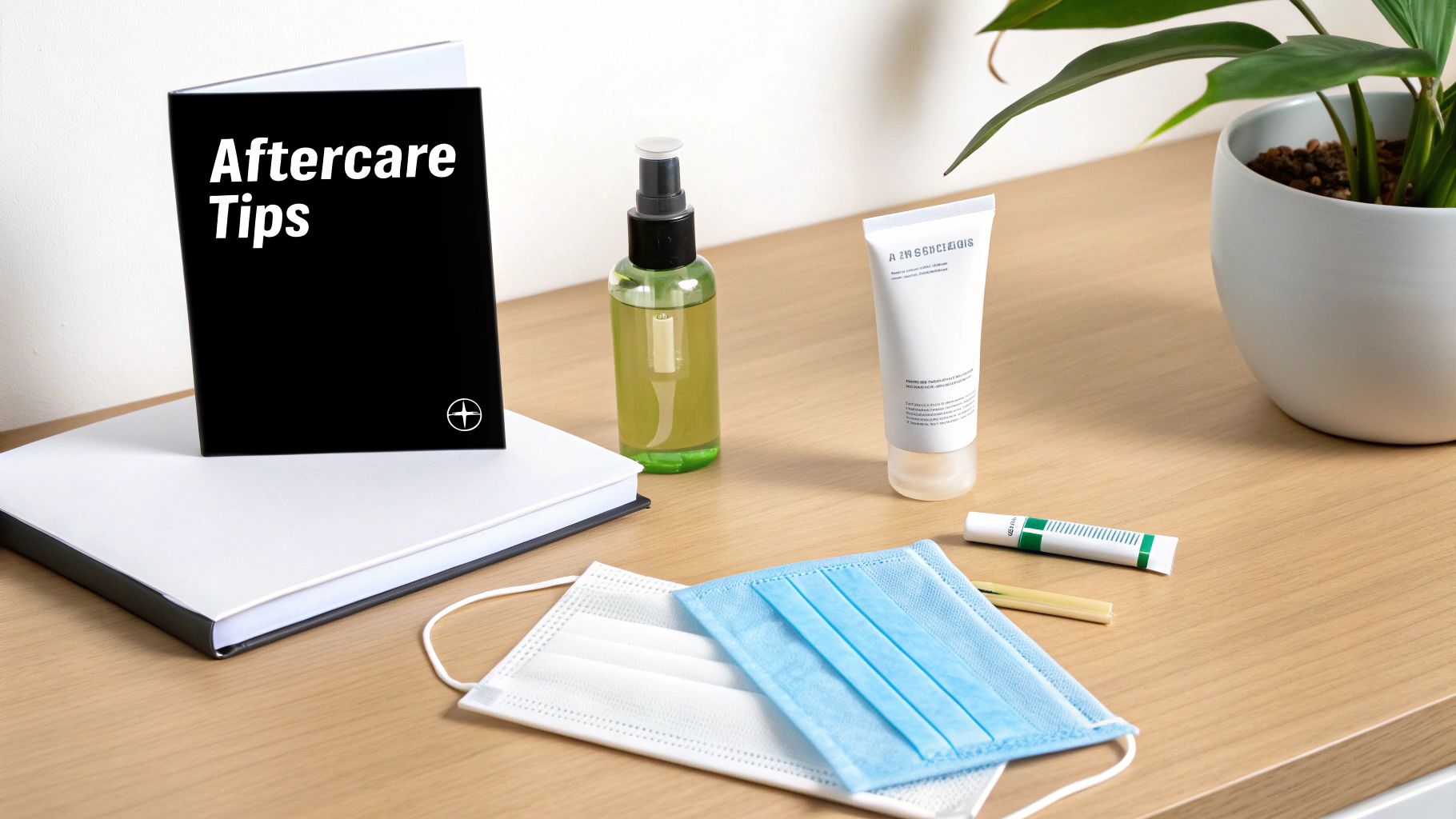 Aftercare Tips book, sanitiser, creams, and face masks laid out on a wooden table.