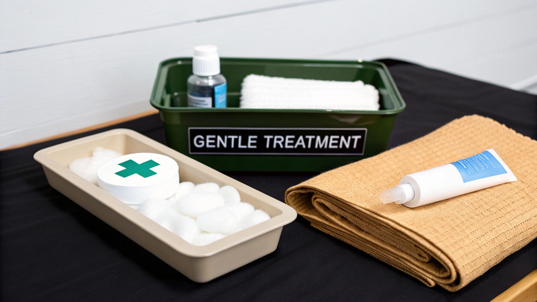 A beige tray with cotton balls and a green cross, a 'GENTLE TREATMENT' box, and cream tube on a towel.