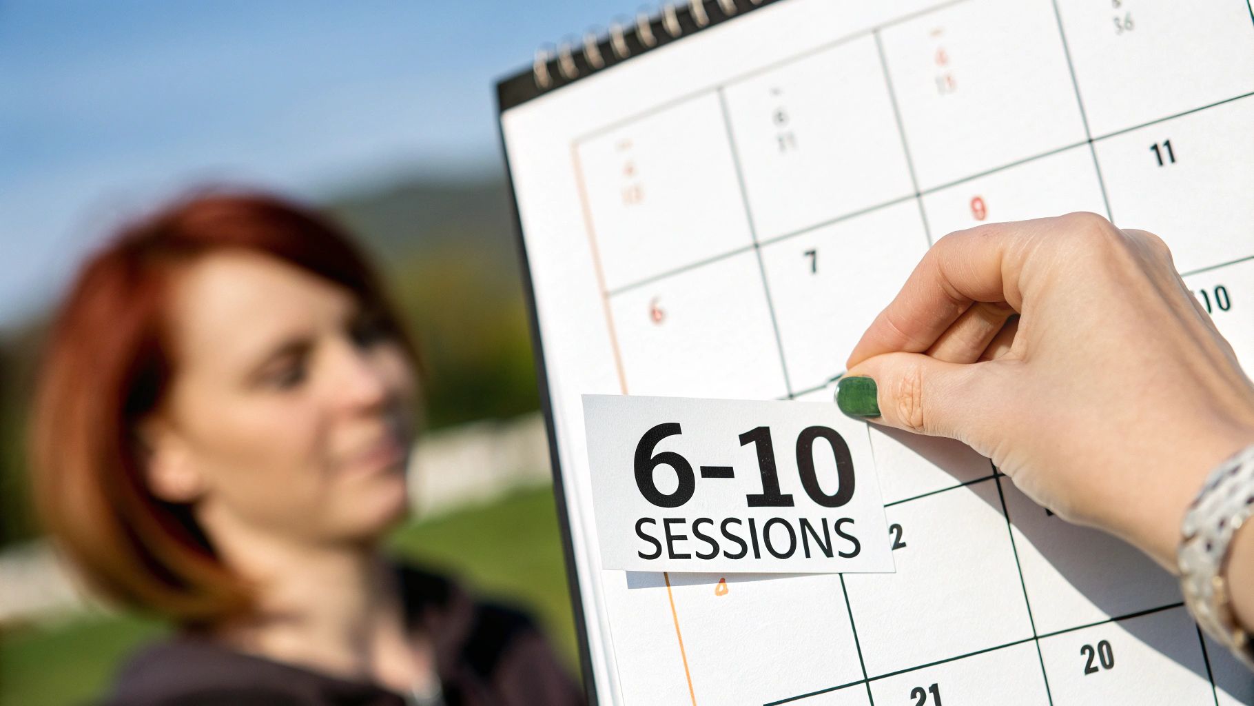 A hand places a '6-10 SESSIONS' note on a calendar, with a person with red hair in the background.