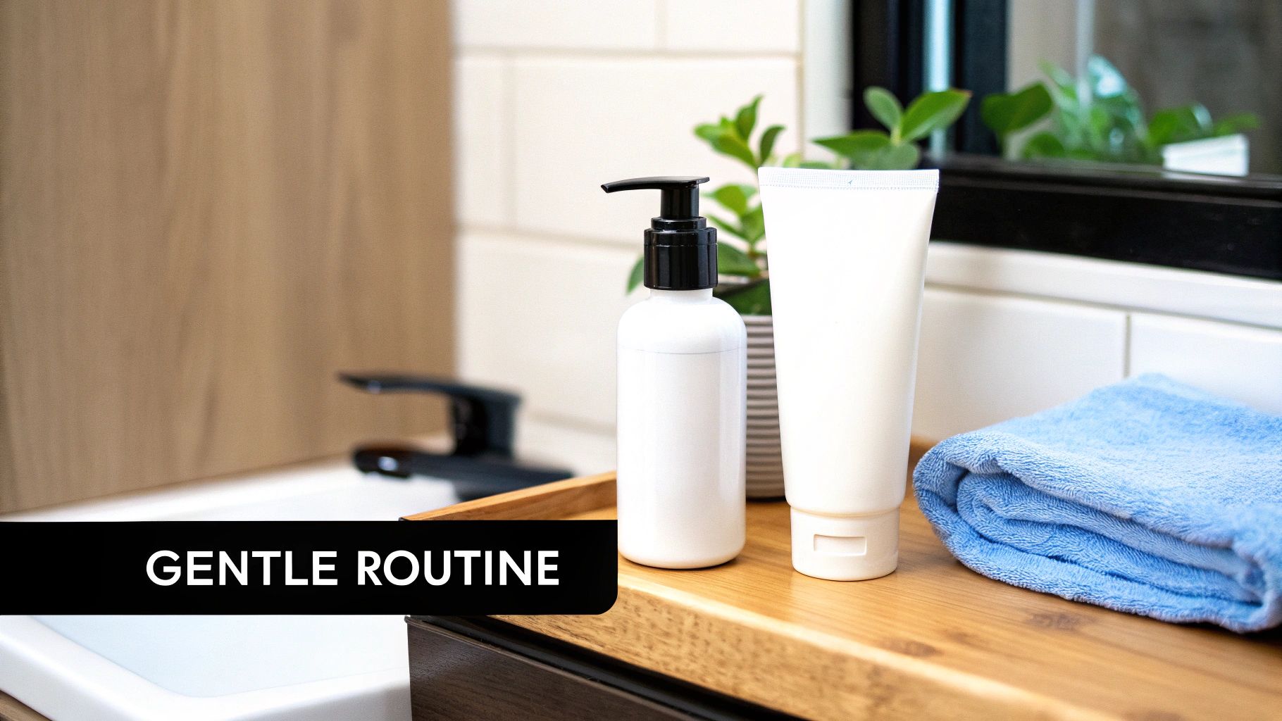 Bathroom countertop with white lotion bottles, a blue towel, a green plant, and 'GENTLE ROUTINE' text.